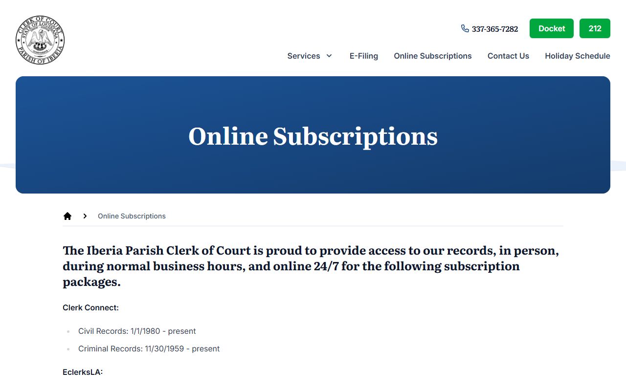 Iberia Parish Clerk online subscriptions and records access