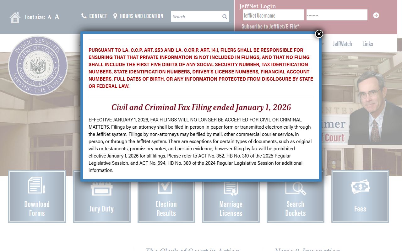 Jefferson Parish Clerk of Court homepage