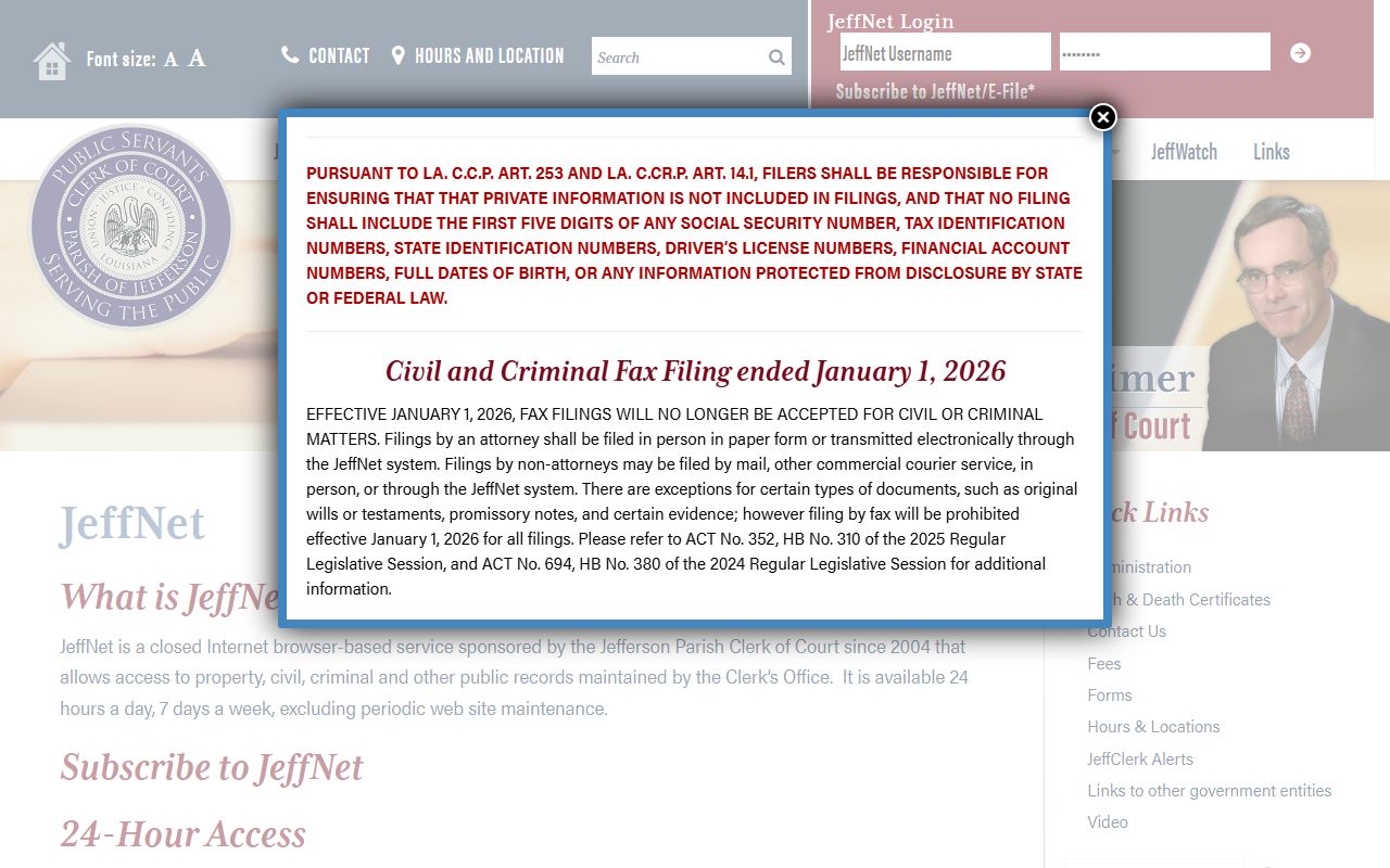 Jefferson Parish JeffNet online records portal