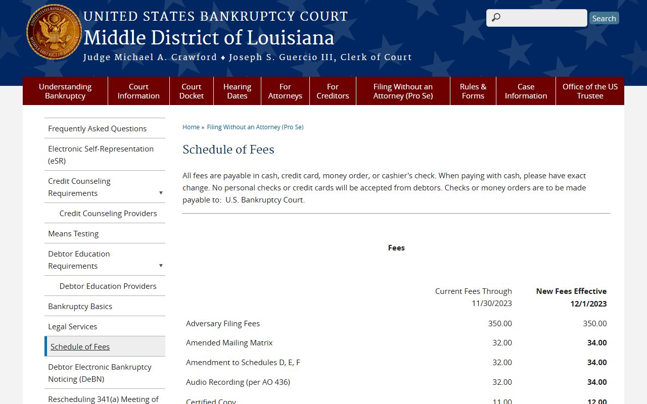 Middle District of Louisiana bankruptcy fee schedule