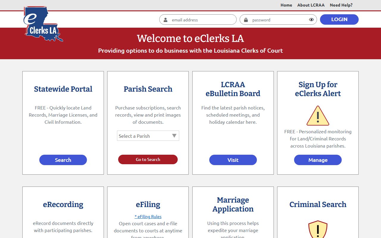 eClerks LA statewide portal for Louisiana court records