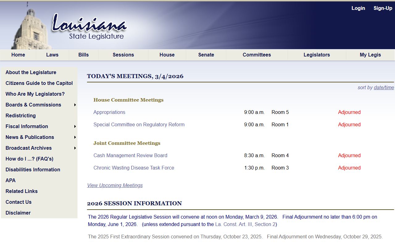 Louisiana State Legislature homepage showing state statutes