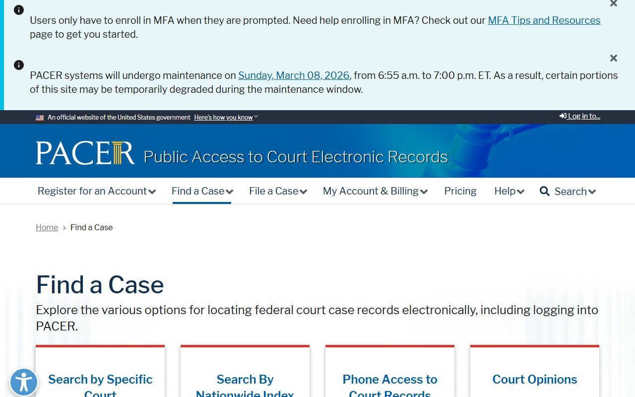 PACER case search tool for finding bankruptcy records