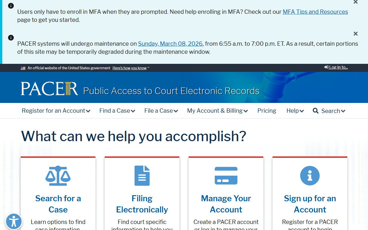 PACER public access to court electronic records homepage